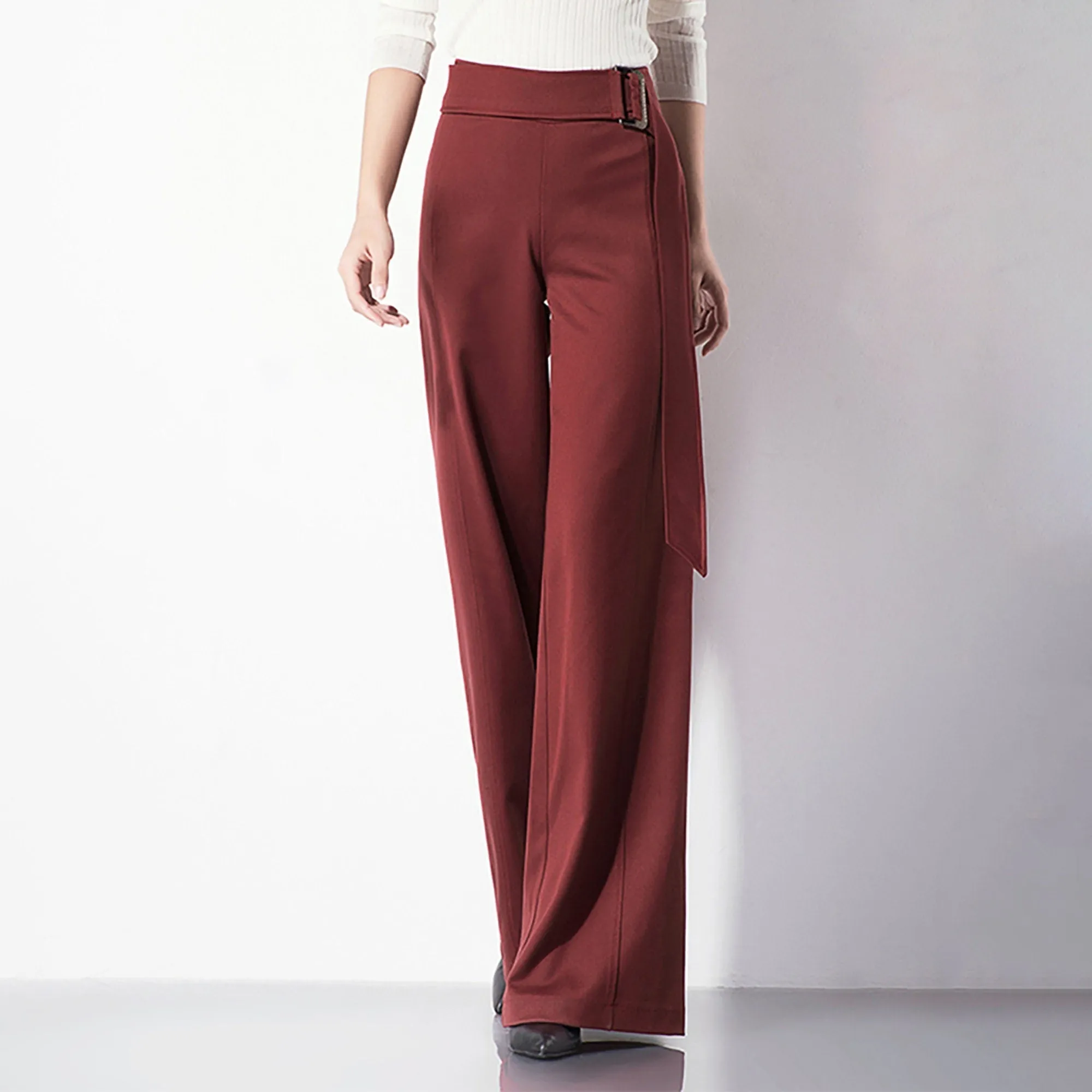 Pull-On Belted High Waist Wide Leg Pants