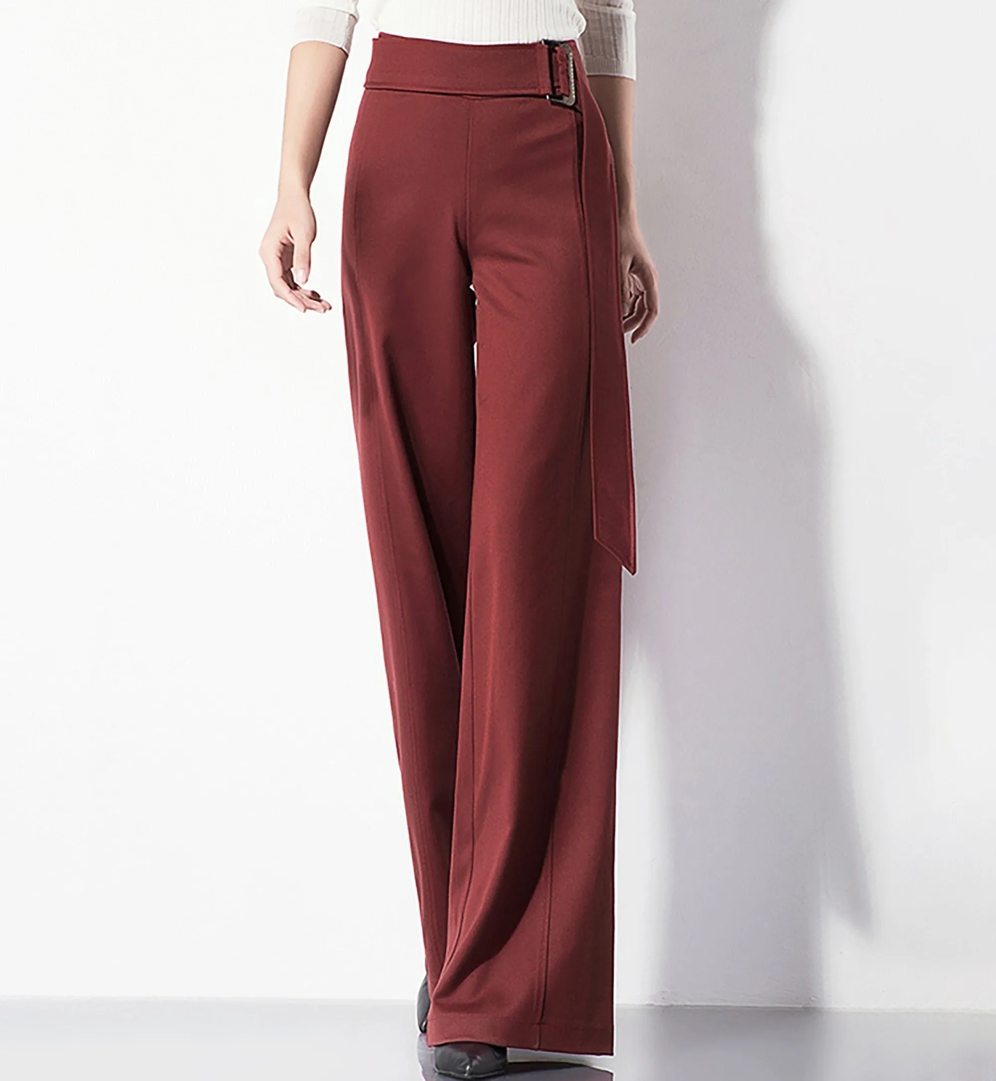 Pull-On Belted High Waist Wide Leg Pants