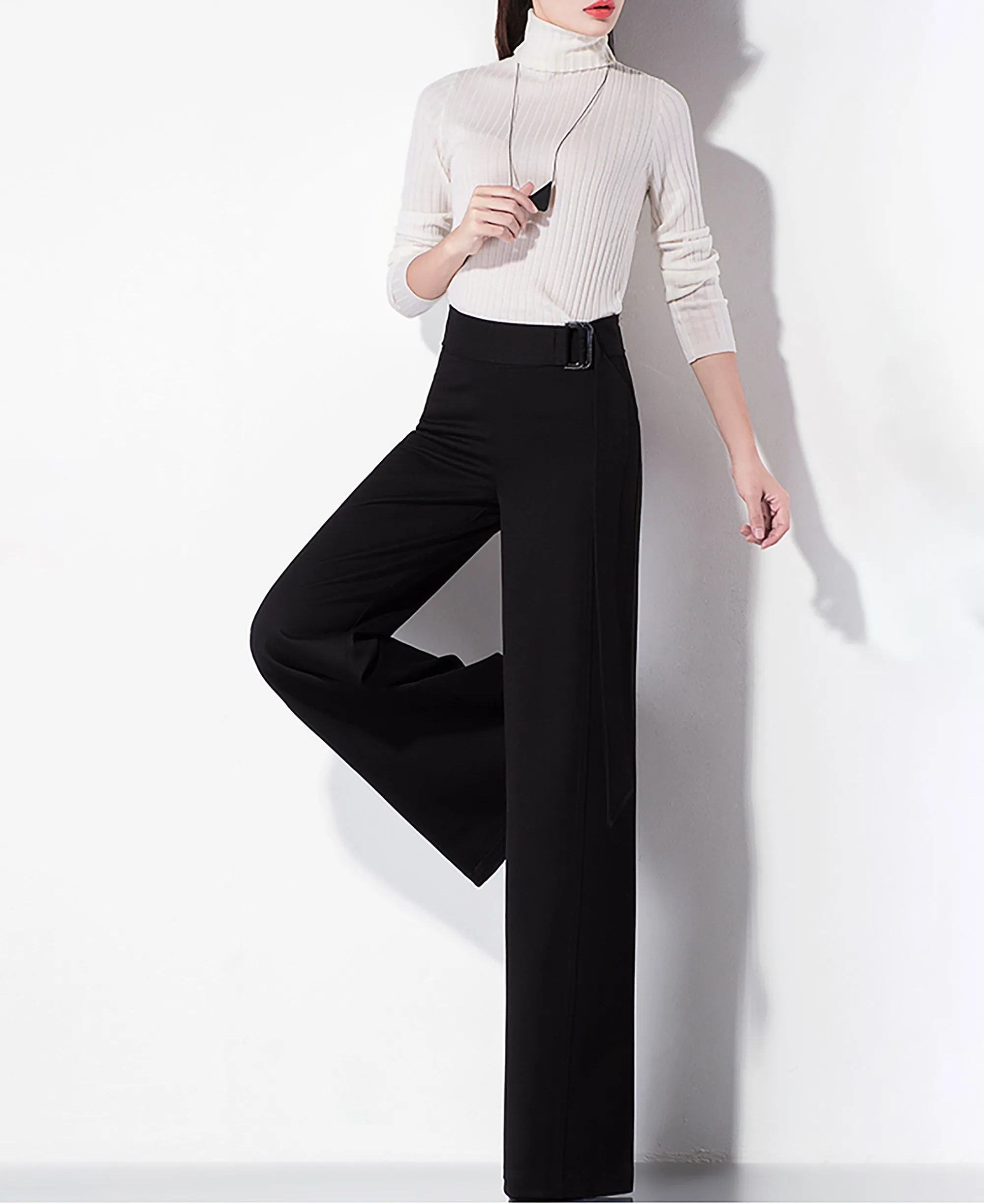 Pull-On Belted High Waist Wide Leg Pants