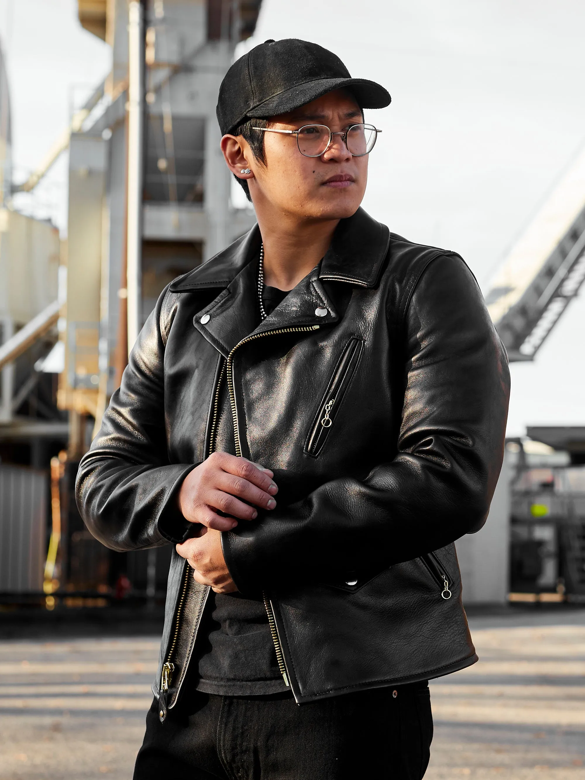 "3sixteen x Schott NYC" 20th Anniversary Horsehide Perfecto Leather Jacket in Black