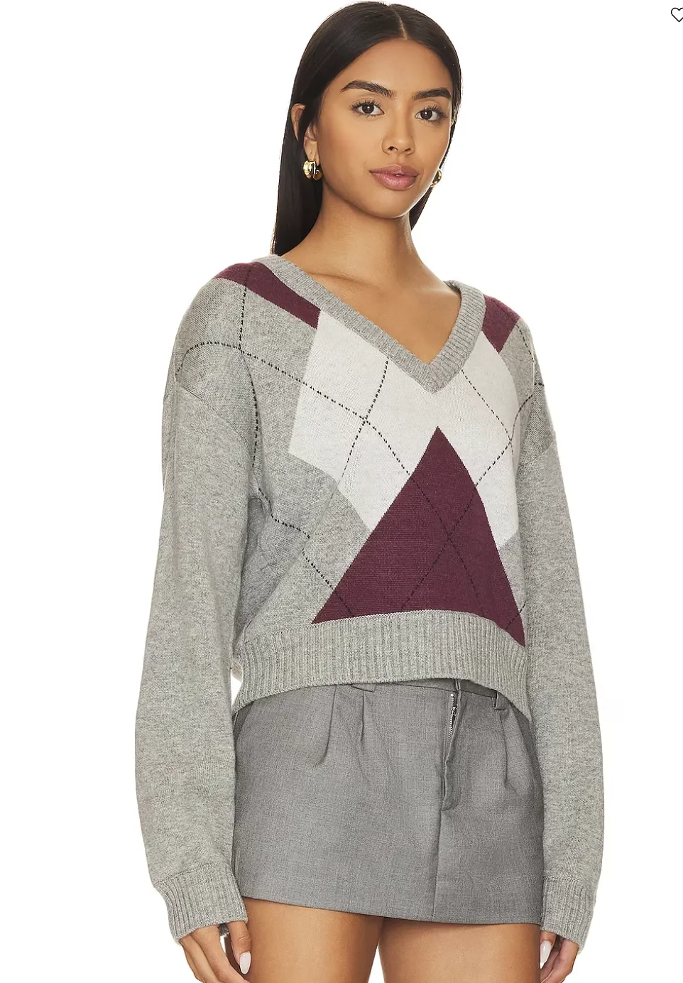 Steve Madden Argyle V Neck Houston Long Sleeve Knit Sweater