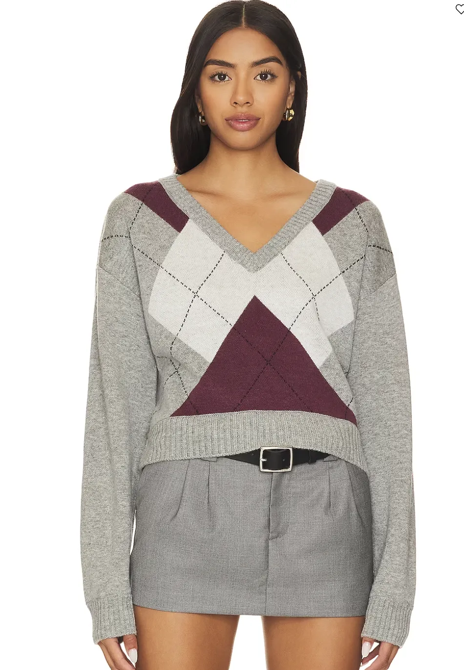 Steve Madden Argyle V Neck Houston Long Sleeve Knit Sweater