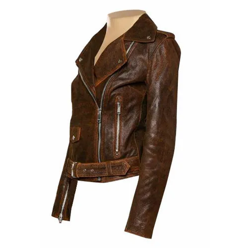 Vintage Copper Biker Style Leather Jacket With Belt