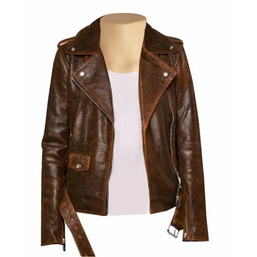 Vintage Copper Biker Style Leather Jacket With Belt