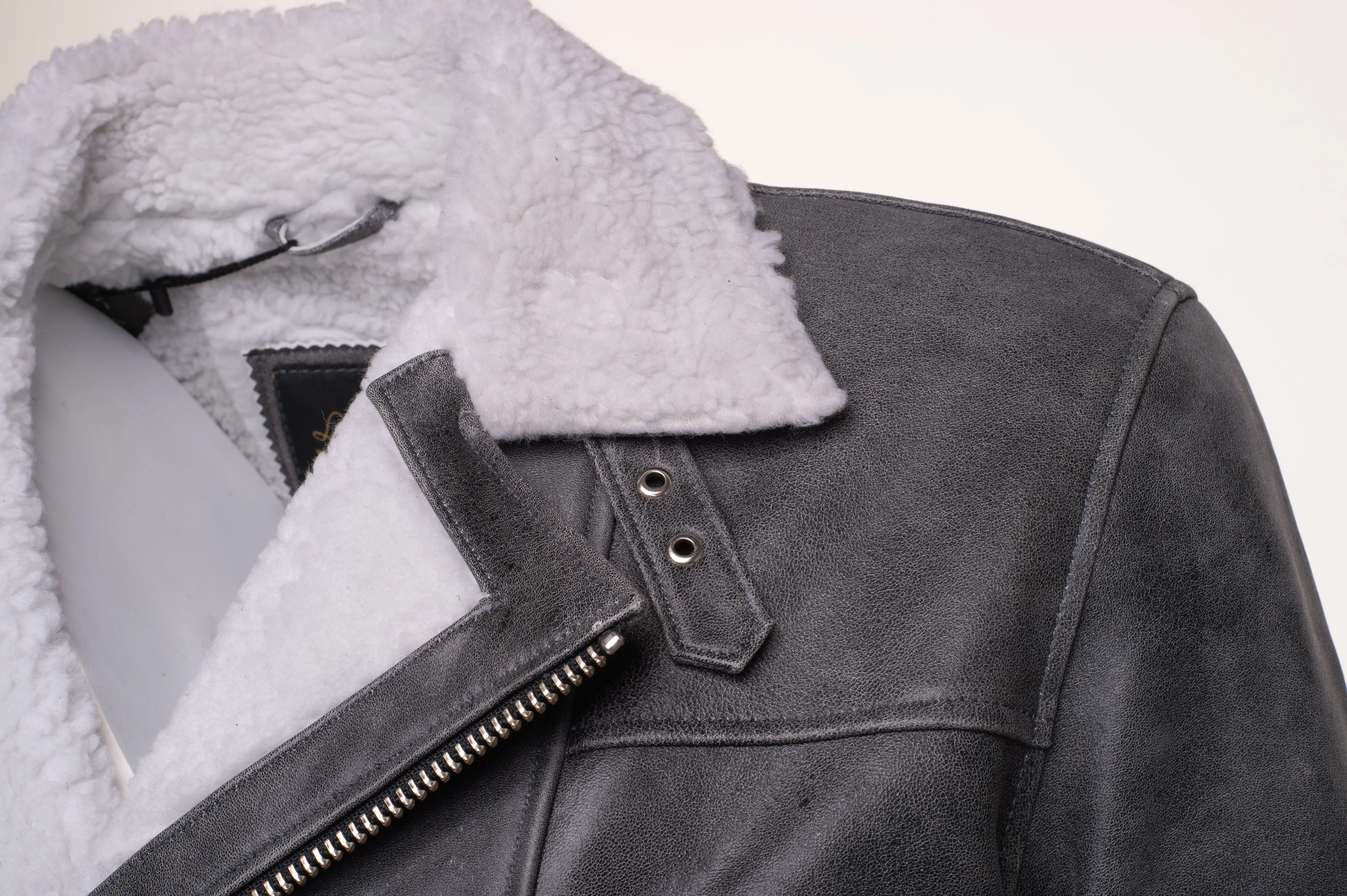 Vintage Grey Biker Leather jacket with Sherpa lining