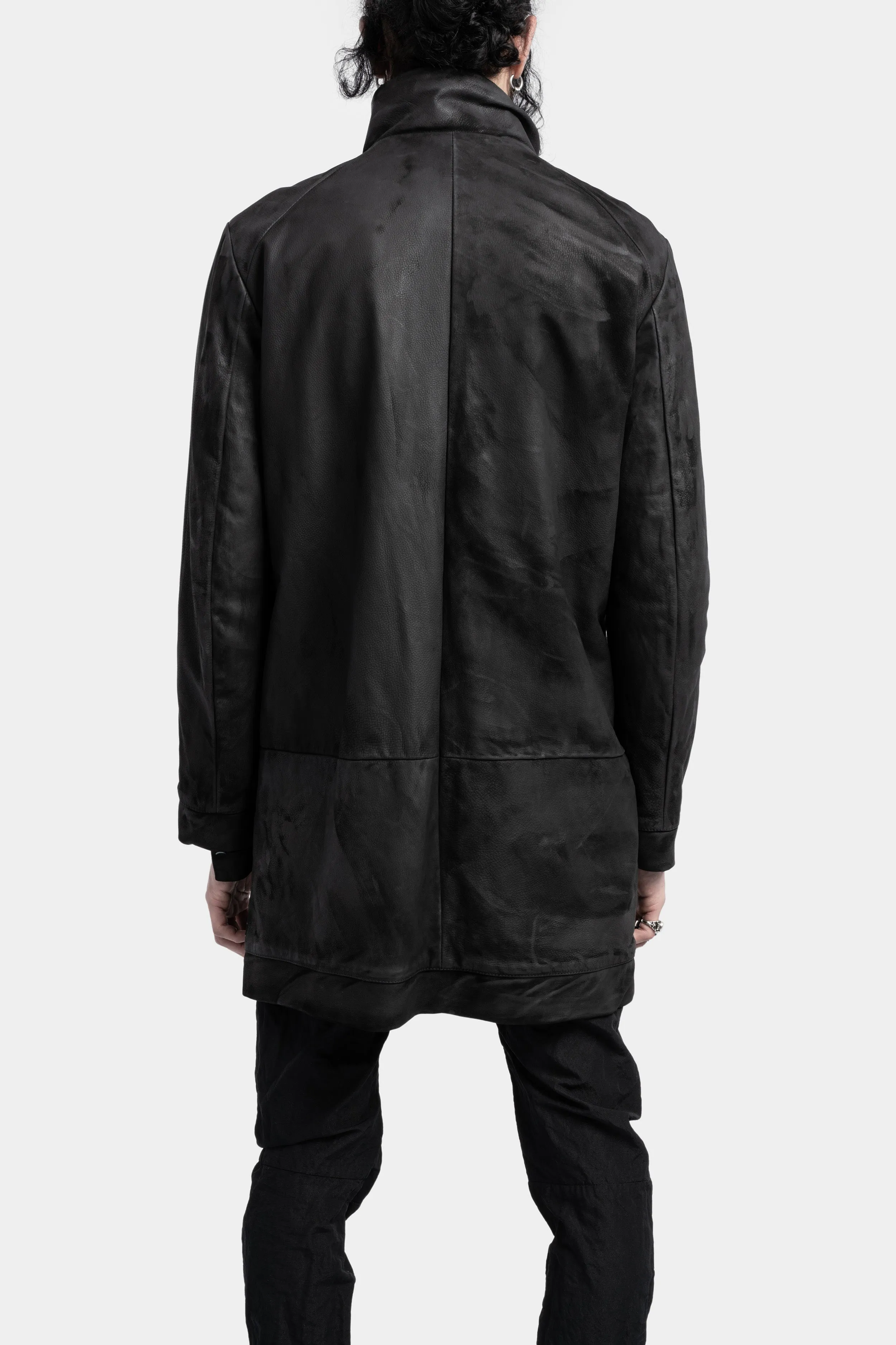 Washed long leather jacket