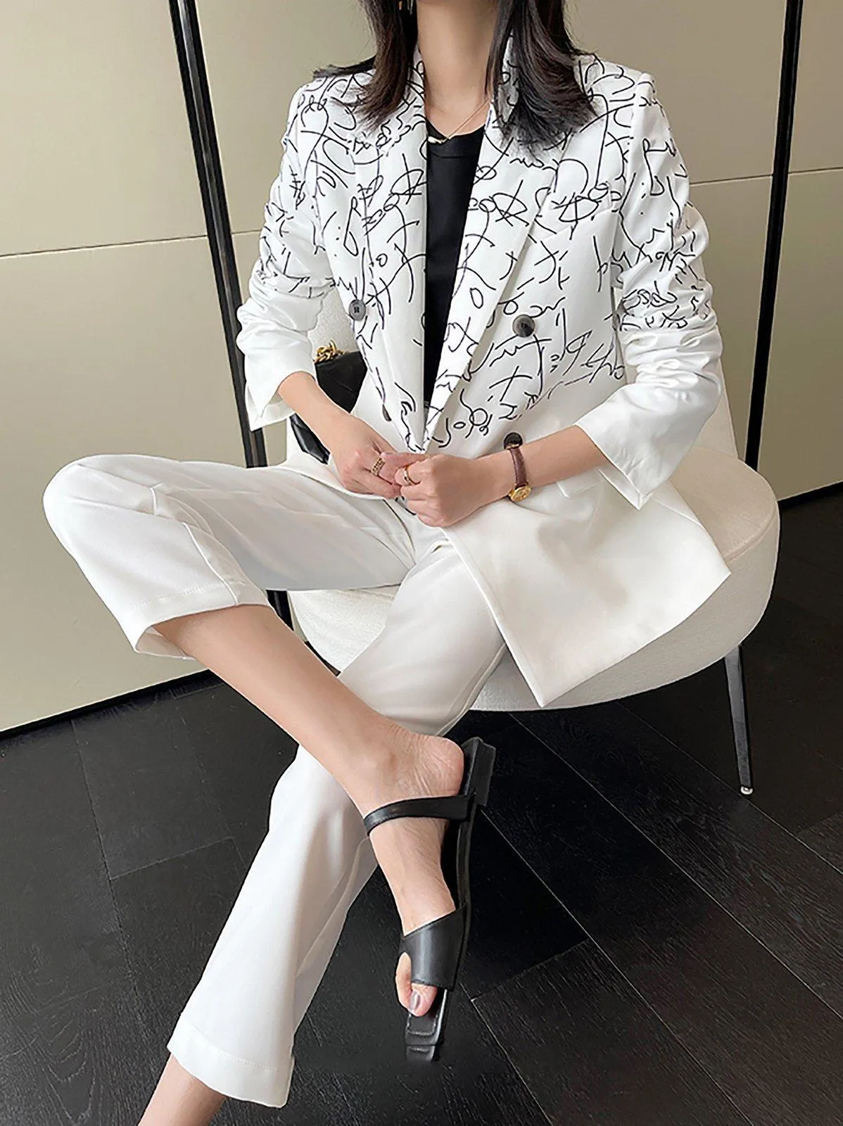 White Doodle Blazer & Crop Leg Pants Two-Piece Suit