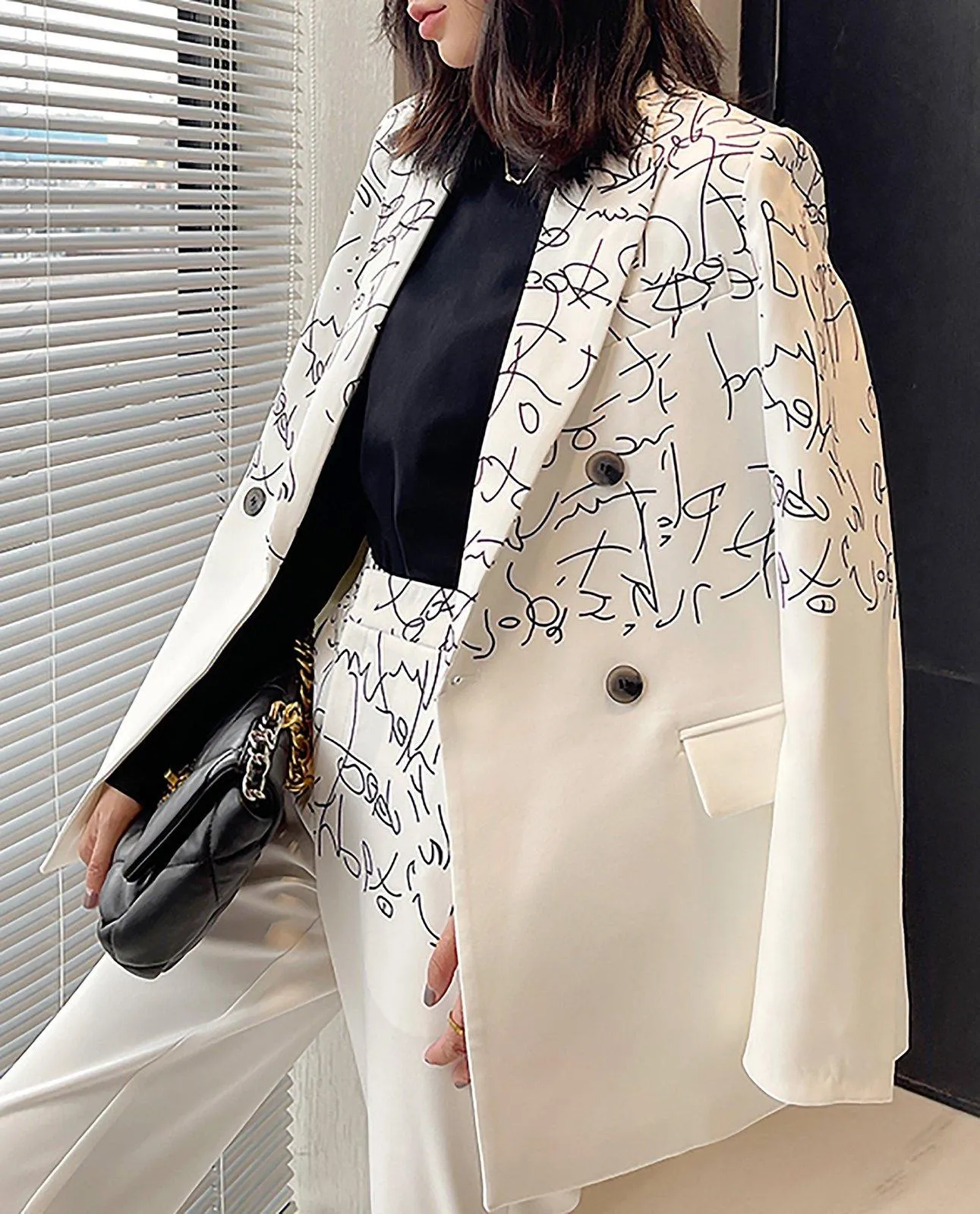 White Doodle Blazer & Crop Leg Pants Two-Piece Suit