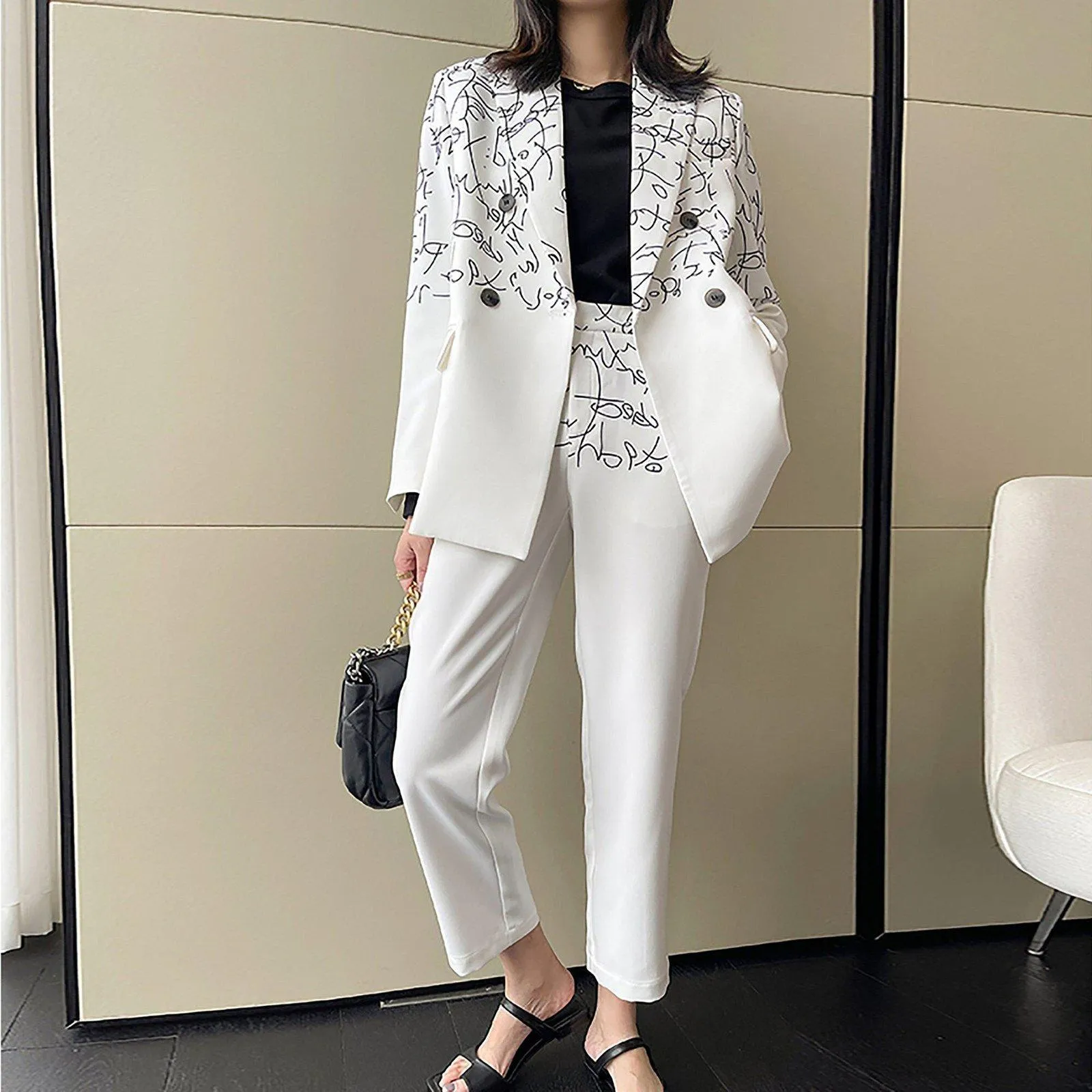 White Doodle Blazer & Crop Leg Pants Two-Piece Suit