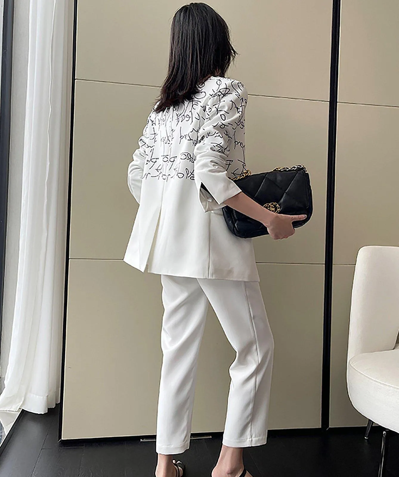 White Doodle Blazer & Crop Leg Pants Two-Piece Suit