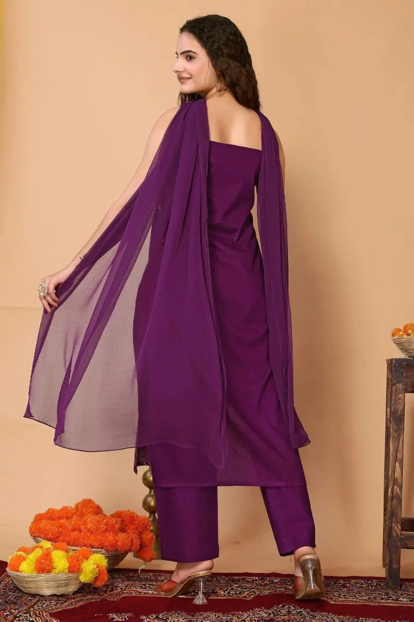 Women Purple Kurti Pant Dupatta Material