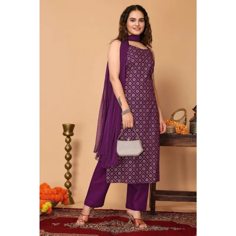 Women Purple Kurti Pant Dupatta Material