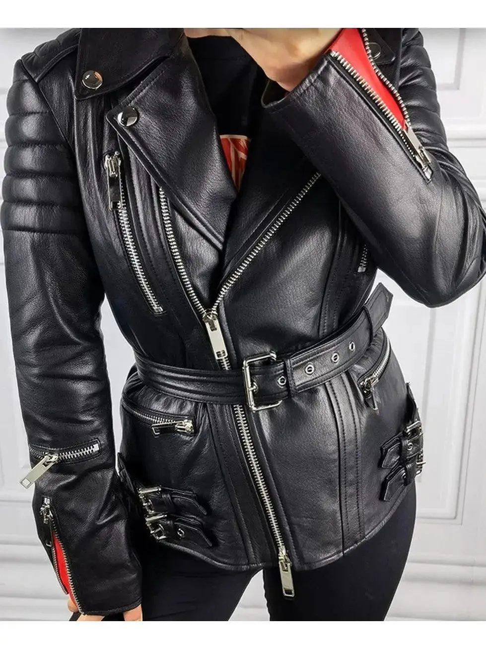 Women’s Buckled Leather Biker Jacket