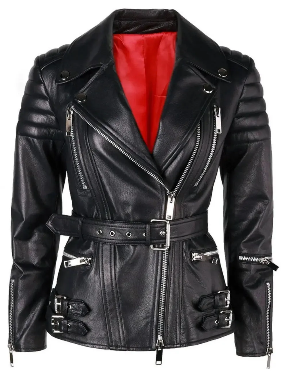 Women’s Buckled Leather Biker Jacket