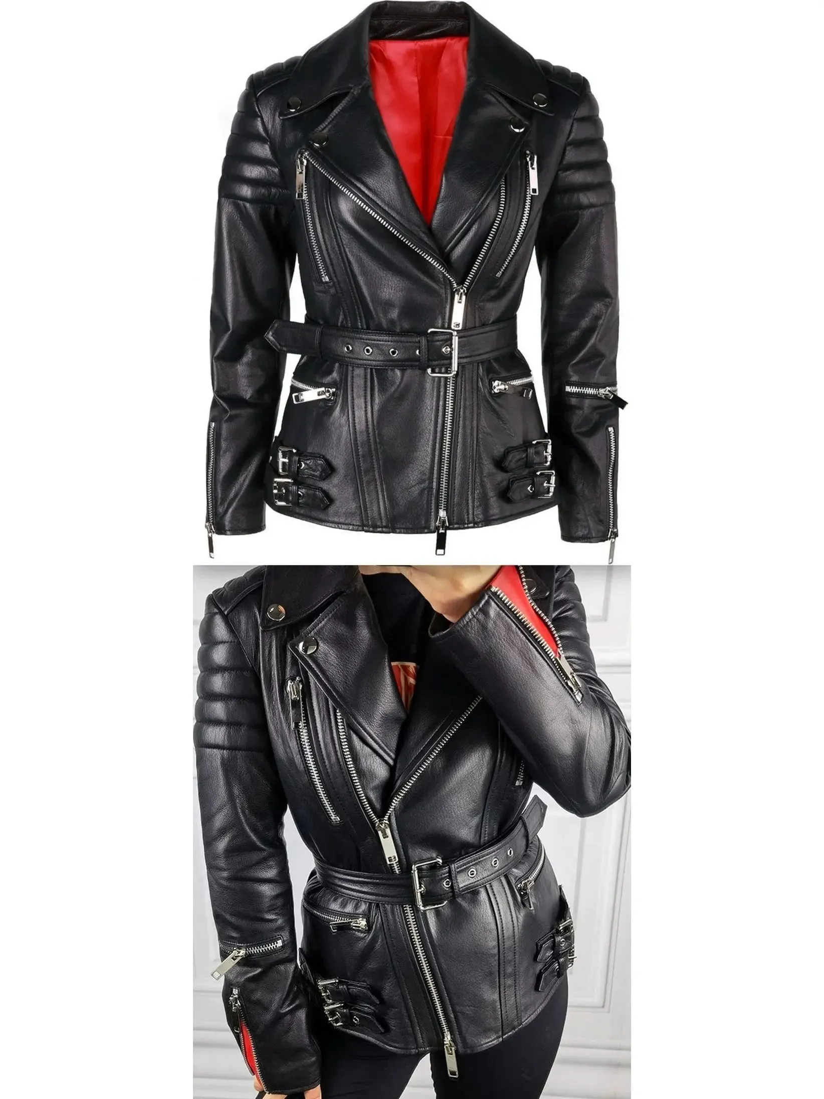 Women’s Buckled Leather Biker Jacket