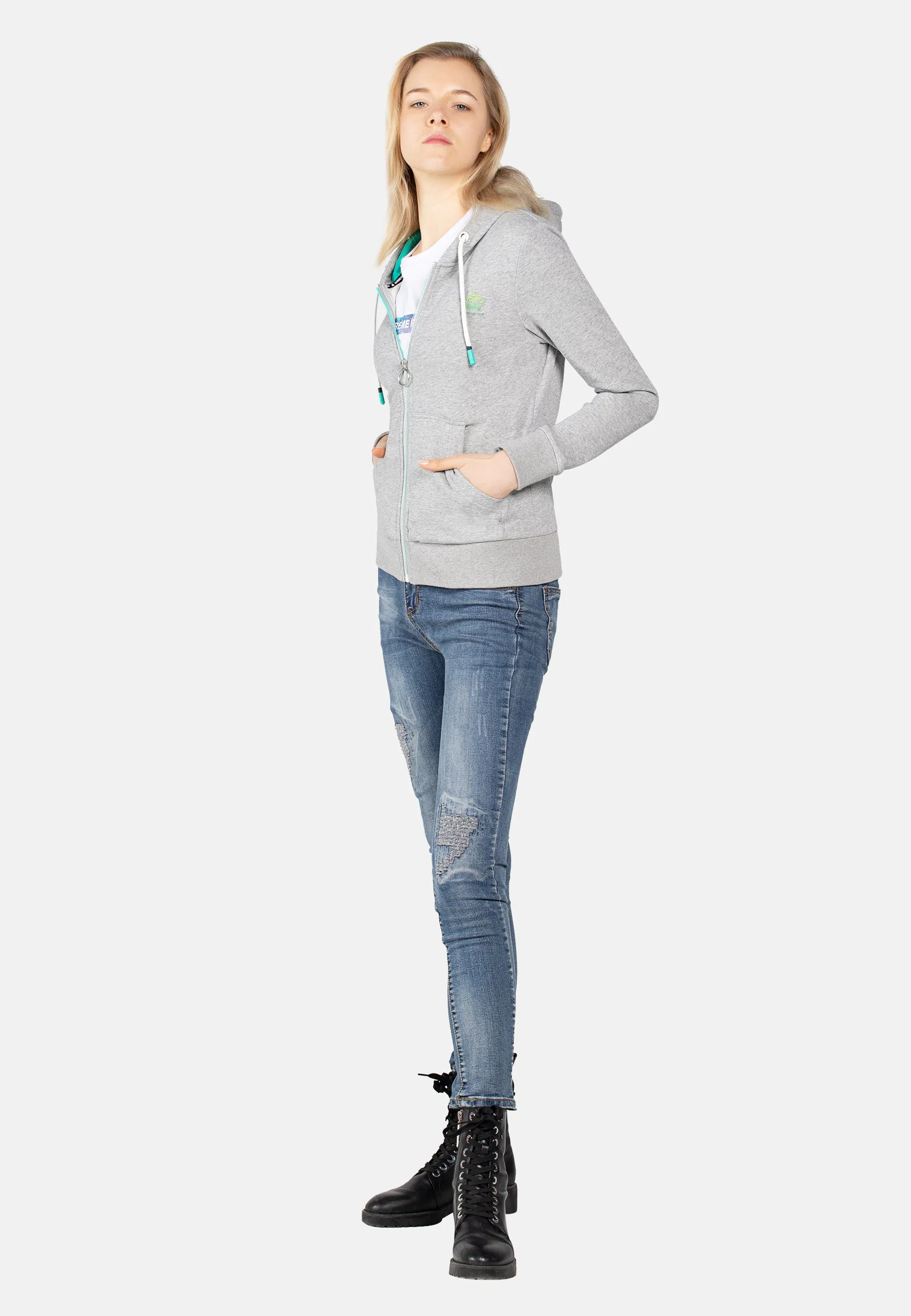 Women's Casual Stretch Slim Fit Hoodie Zip-Up Sweatshirt size S M L XL White Grey