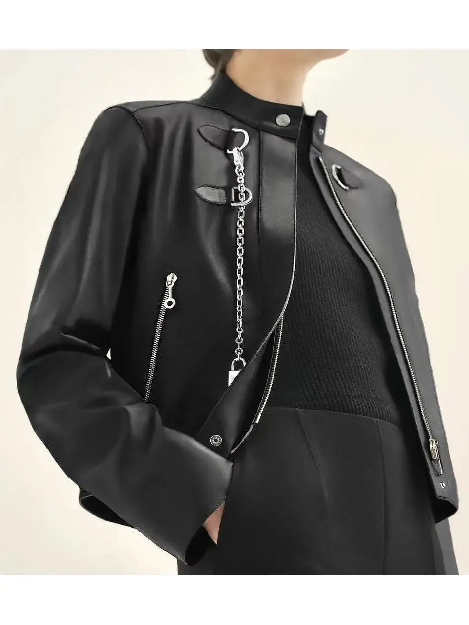 Women’s Chain-Embellished Lambskin Leather Jacket in Black