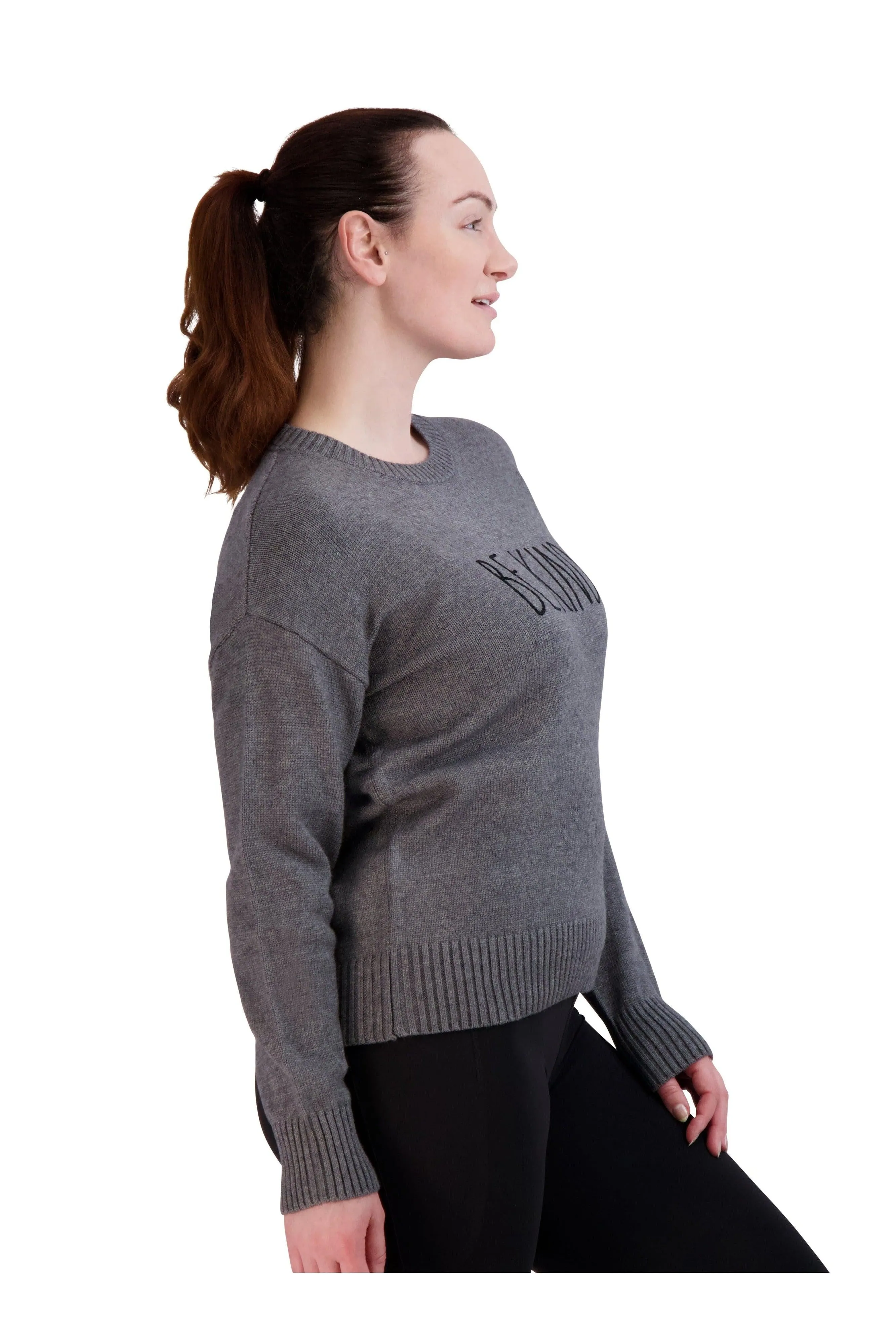 Women's Embroidered "BE KIND" Knit Gray Sweater