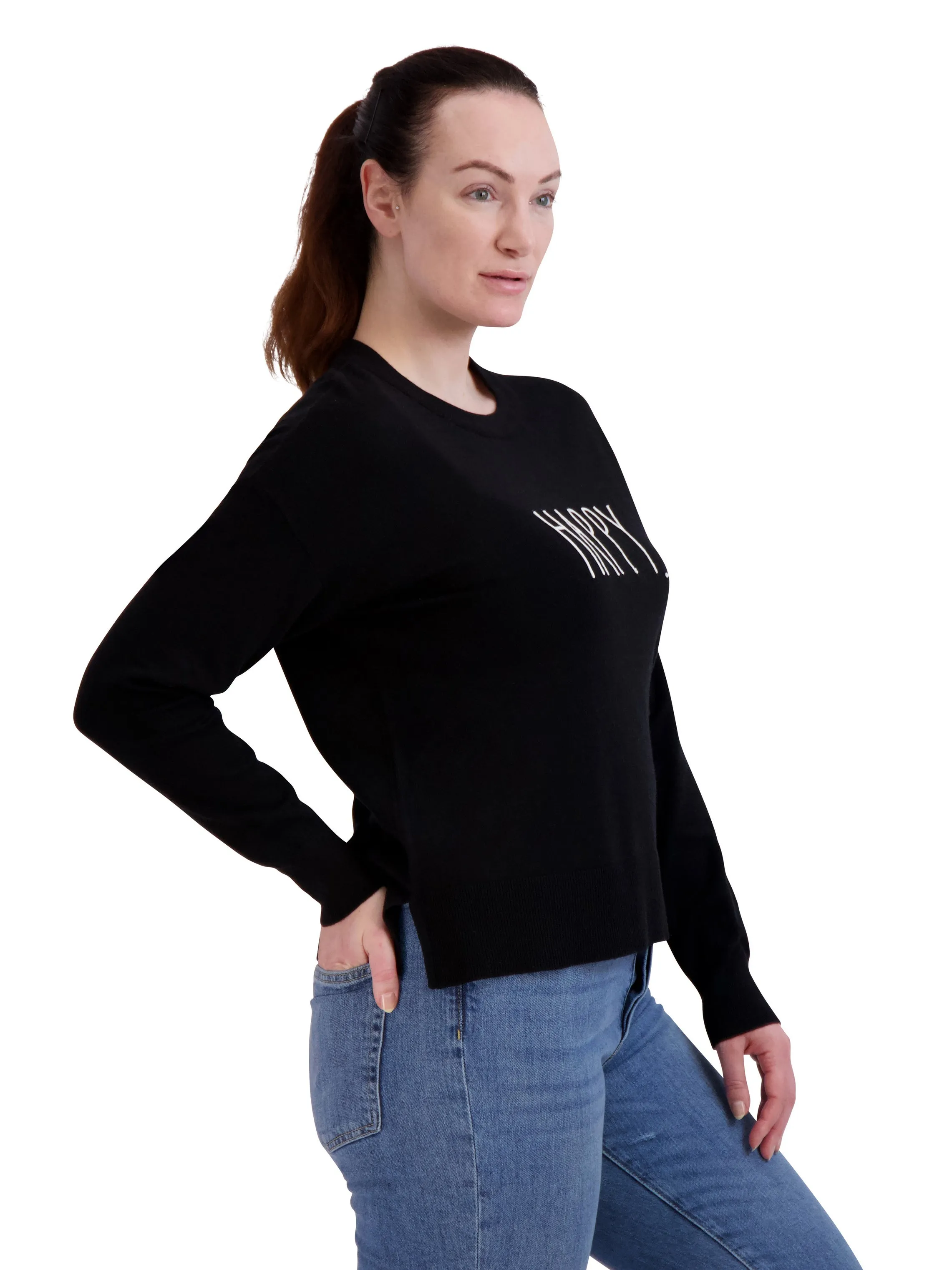 Women's Embroidered "HAPPY" Knit Black Sweater