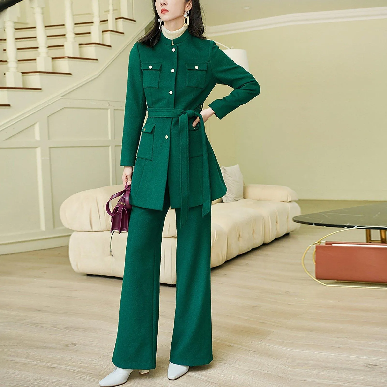 Wool Blend Collarless Belted Jacket & Pant Set