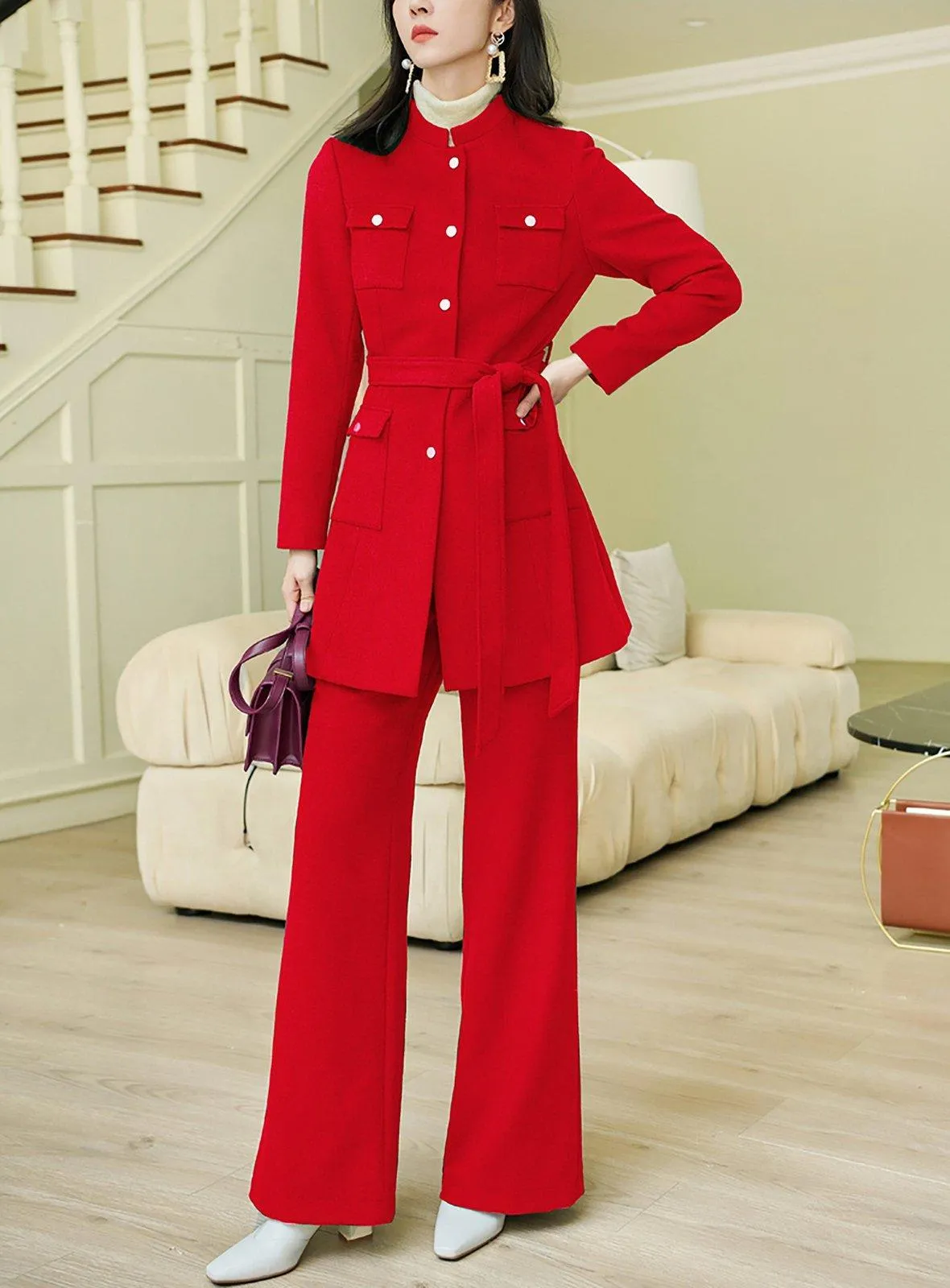 Wool Blend Collarless Belted Jacket & Pant Set