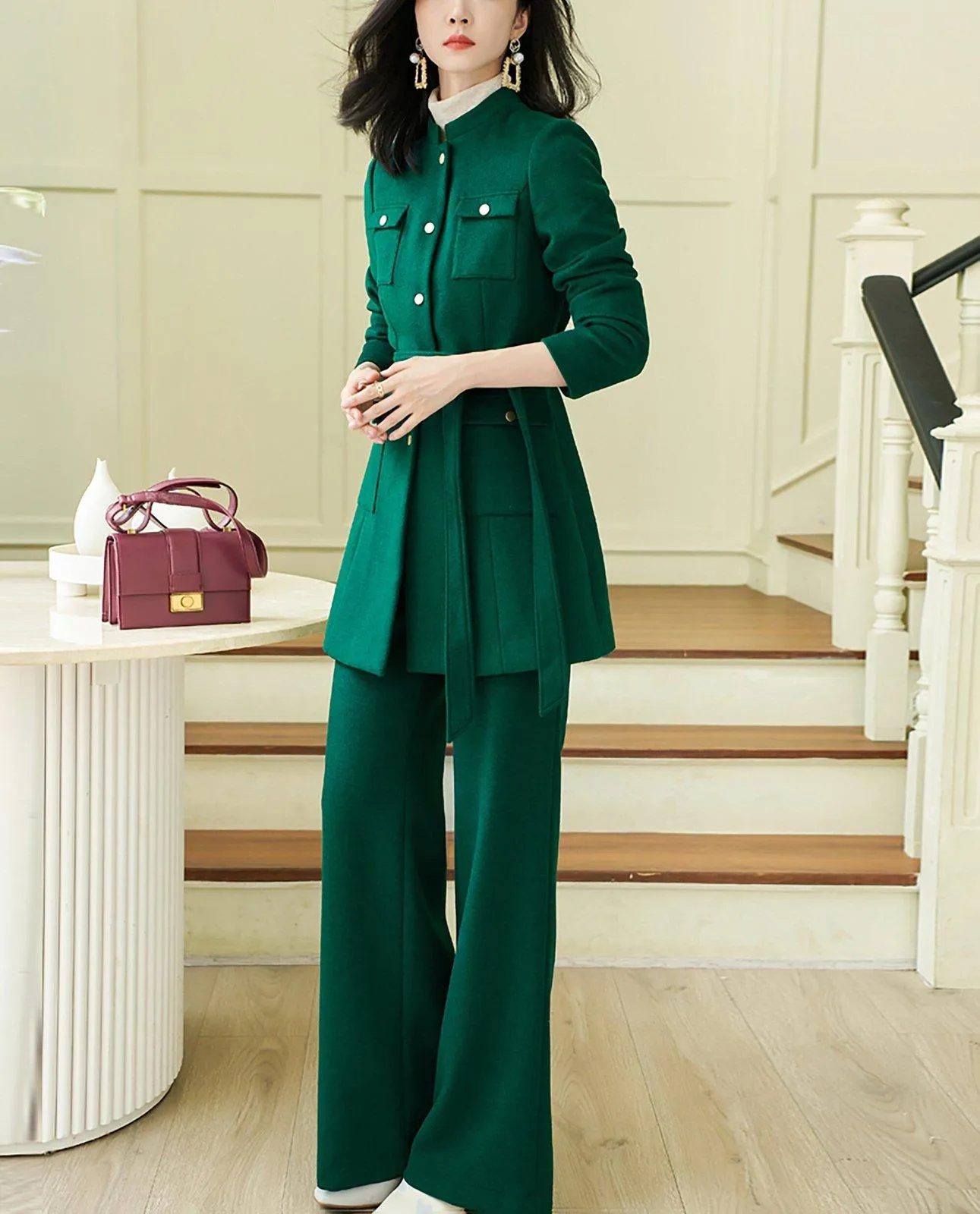 Wool Blend Collarless Belted Jacket & Pant Set